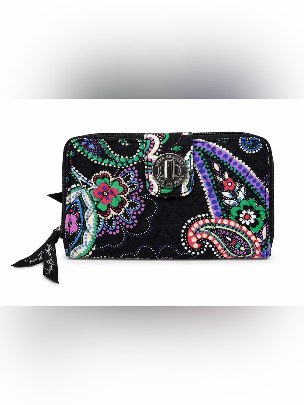 Vera Bradley Turn Lock Zip Around Wallet Black Paisley Quilted Coastal Grandma